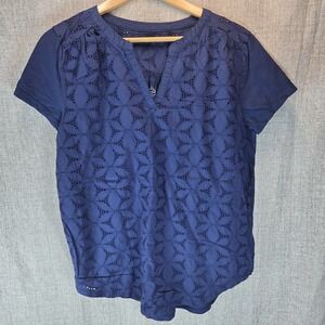 St Johns Bay Large Blue Cotton Eyelet Womens SS Lined Casual Top Blouse Boho